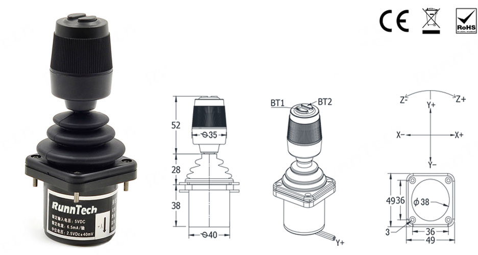 RunnTech 3 Axis Fingertip Joystick with 0 to 5V Analog Output for Human Machine Interface